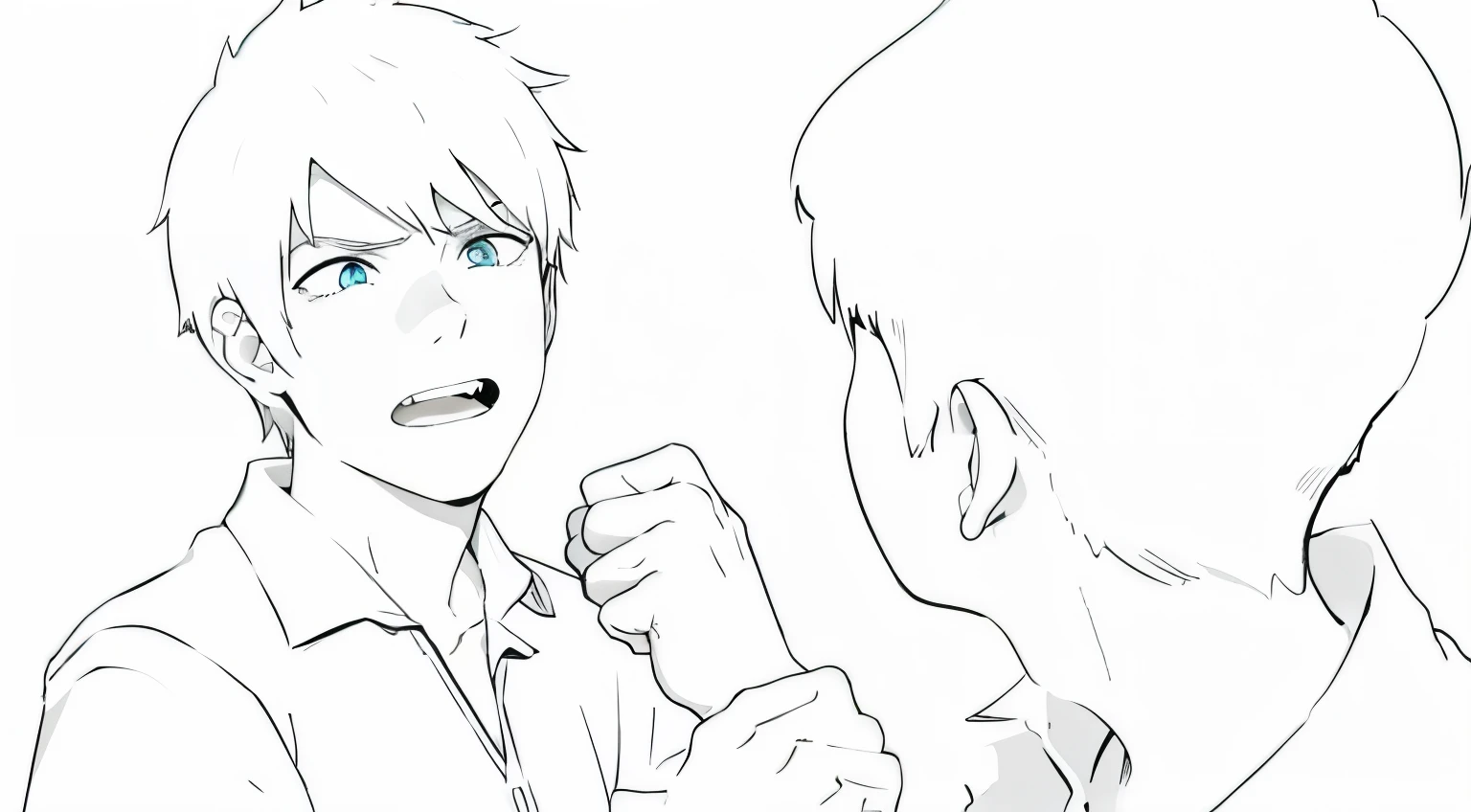 white hair  boy is surprised with his hand stopping the other boy&#39;s fist