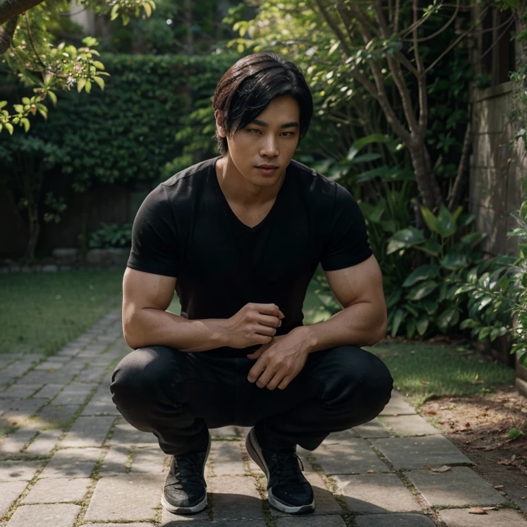 (best quality, ultra-detailed, realistic:1.37), handsome Asian guy squatting, not muscular, wearing a completely black shirt and black pants, in a sideways position, with black hair and short cut, intense gaze, gentle smile, in a well-lit outdoor environment, surrounded by lush greenery and vibrant flowers, with a hint of sunlight filtering through the leaves, creating soft shadows on the ground, giving the scene a warm and peaceful atmosphere.