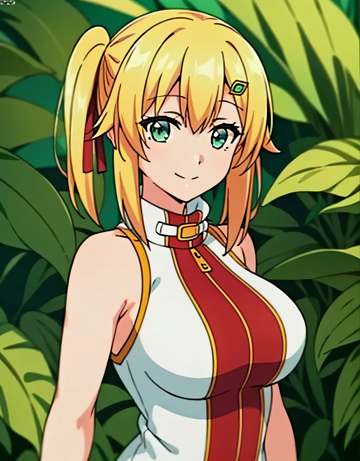 super detailed,emma&#39;s brightness,blonde hair, smile,green eyes,one-sided ponytail, looking at the viewer, hair ornaments,hair ribbon, No sleeve, bare shoulders,(big breasts:1.5),looking at the viewer,Are standing,((masterpiece)),((highest quality)),perfect anatomy,8K UHD,highly detailed face,luster and luster,((1 girl)),((alone)),perfect image,(Upper body:1.1),(look ahead:1.1),turn your arms behind your back,slim waist,(shiny hair),