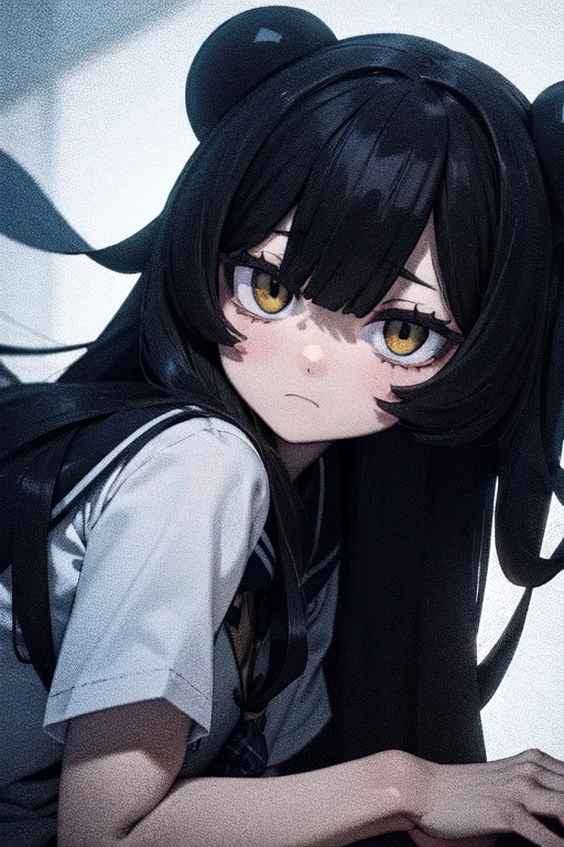 expressionless sad girl black hair yellow eyes extremely long hair