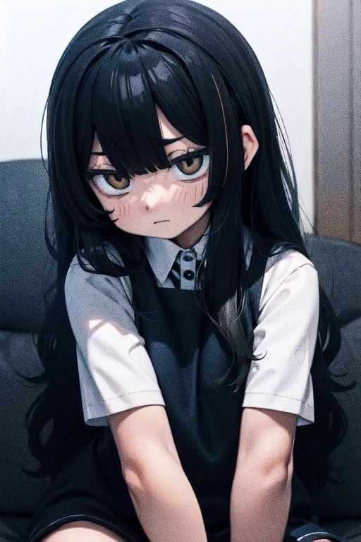 expressionless sad girl black hair yellow eyes extremely long hair