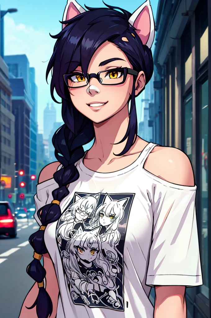 Erisa, 1girl, solo, long hair, looking at viewer, black hair, bandaid on face, yellow eyes, animal ears, smile, bandaid on nose, braid, cat ears, bandaid, bangs, breasts, fake animal ears, simple background, fang, bare shoulders, scar, teeth, shirt, tight shirt, bare shoulders, white shirt, short sleeves, closed mouth, t-shirt, hair over one eye, night city view, portrait, hair over shoulder, shorts, skin tight shirt, glasses, seductive, realistic, best quality, masterpiece, ultra detail, ultra high res, extreme detail, 8k