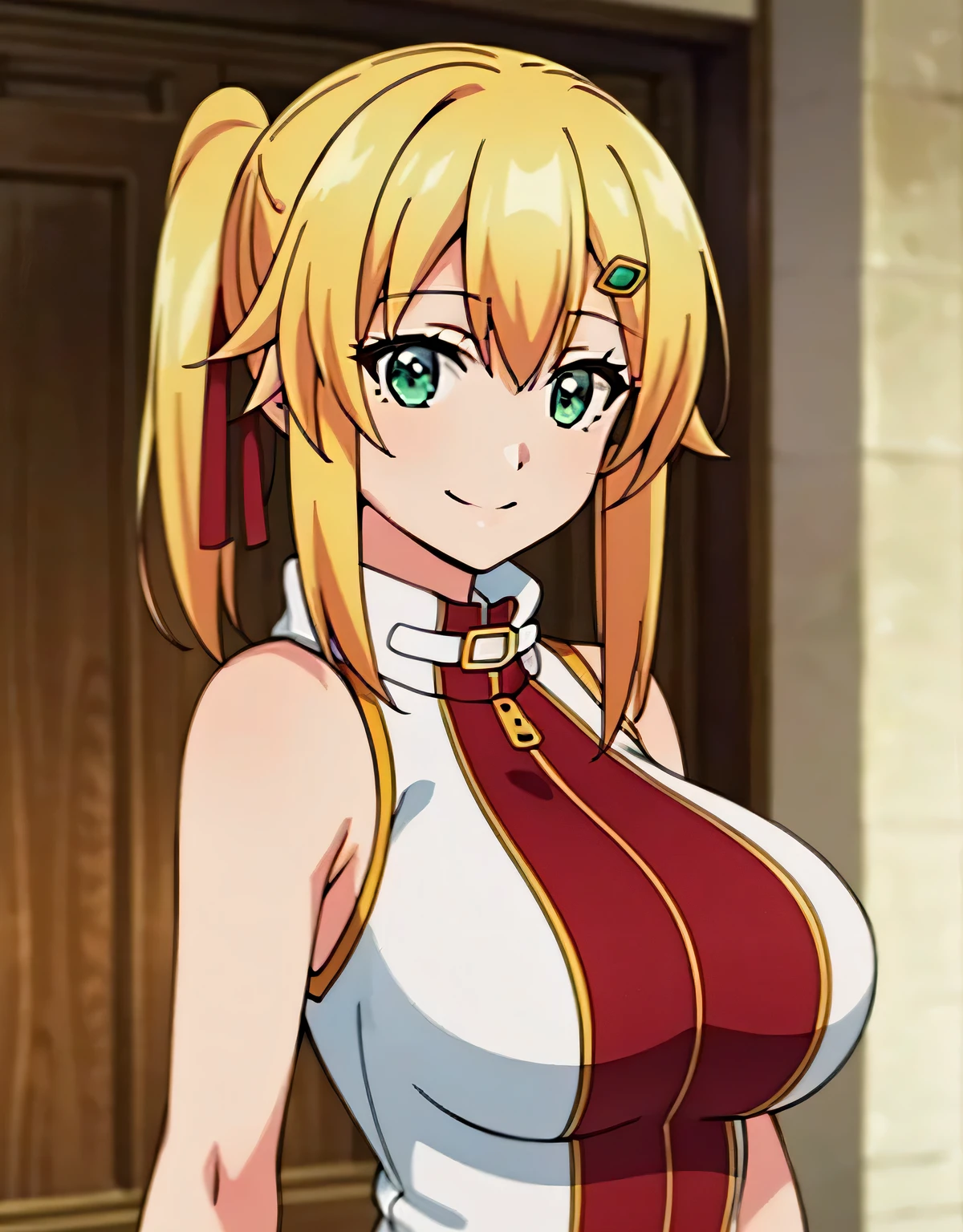 super detailed,emma&#39;s brightness,blonde hair, smile,green eyes,one-sided ponytail, looking at the viewer, hair ornaments,hair ribbon, No sleeve, bare shoulders,(big breasts:1.5),looking at the viewer,Are standing,((masterpiece)),((highest quality)),perfect anatomy,8K UHD,highly detailed face,luster and luster,((1 girl)),((alone)),perfect image,(Upper body:1.1),(look ahead:1.1),turn your arms behind your back,slim waist,(shiny hair),