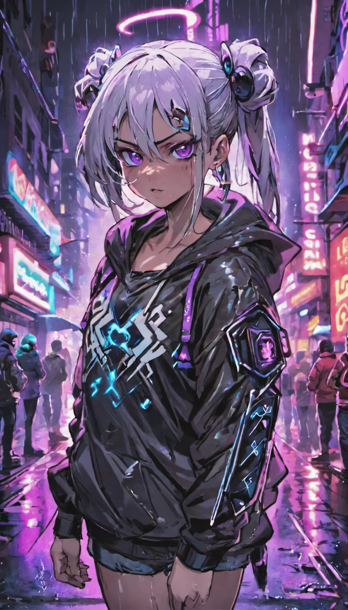 ((obra de arte)), ((melhor qualidade)), ((high resolution)), ((detalhes finos)),8k,fotografia de close-up, jovem mulher de 18 anos cyberpunk confiante com cabelos branco curto,olhos prateados,prodigy fighting genius,usando um capuz com desenhos roxos,moletom, on a rain-soaked street at night, fotorrealista, Cinematic lighting,badass,olhar imponente,upper body,