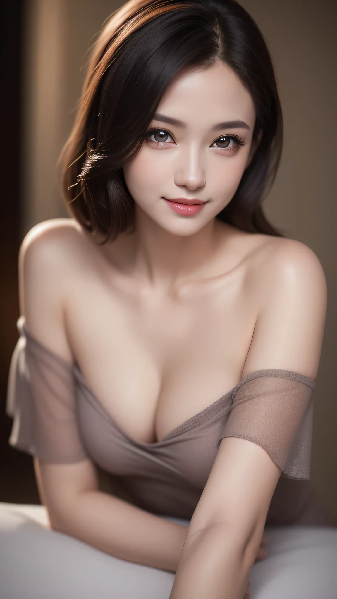 1girl, (Ultra realistic), (highly detailed eyes, highly detailed hair, highly detailed face, highly detailed plump lips), (off shoulder), breasts, upper body, caute smile, (best quality:1.4), Raw photo, (realistic, photo-realistic:1.37), professional photography, cinematic light,