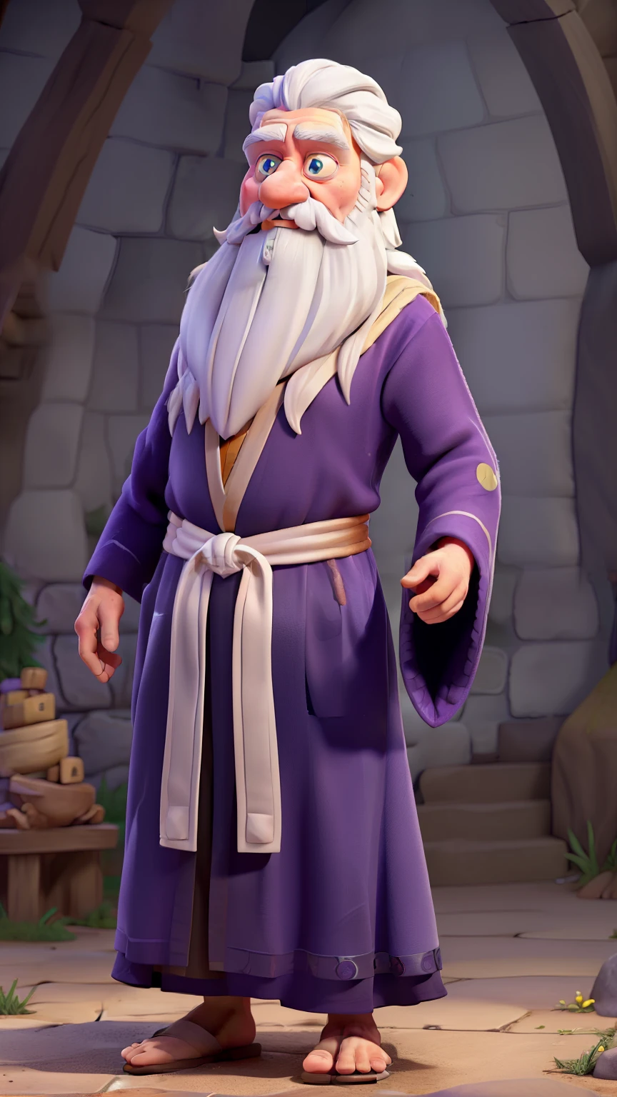 Create a visual representation of the Village Elder. He has a long white beard, deep eyes, and is dressed in a robe adorned with magical symbols. Emphasize the wisdom in his gaze as he presents the magical gifts to the siblings.