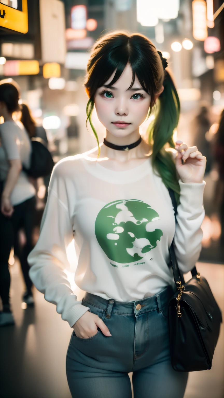 masterpiece , highest quality,Nahida(genshin impact), 1 girl , white shirt:1.5 ,side ponytail ,gray hair ,colorful hair, green eyes,casual clothes , have , black choker, bag , green hair,Busy roads , Urban life 