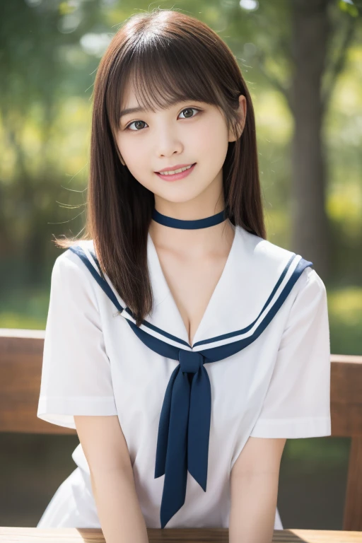 table top, highest quality, 8K, 16 years old, Ten generations, RAW photo, absurd, award-winning portraits, smile, smile, alone, daytime, idol face, violaces, delicate girl, Upper body, Digital single-lens reflex camera, looking at the viewer, Frank, Sophisticated, zora々right, thin arms, professional lighting, film grain, chromatic aberration, (Eye and face details:1.0), (Bokeh:1.1), (hyper pretty face:1.2)、(beautiful face:1.2), beautiful woman、Japan High School Girl Traditional Uniform、(white short sleeve sailor uniform:1.2), black haired、Middle straight hair、bangs、(Japanese)、short hair、(big breasts:1.8、You can see beautiful cleavage、put on a choker)