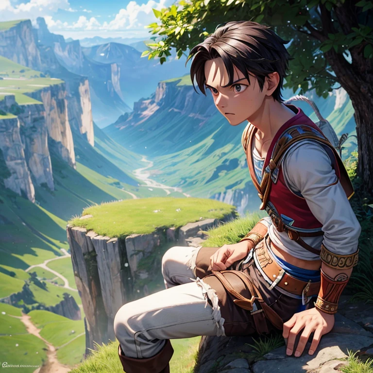 render design of a young man sitting on the edge of a cliff with grasslands in the background, el joven debe de estar de eslapda y a lo lejos de debe ver muchas aventuiras y personajes de videojuegos como kratos, algunos de pokemon, zelda y luffy