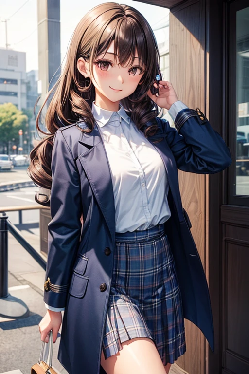 A 22 years old university student Japanese girl ((slender, small breast)), dark beige curly ponytail (( very short, her right eye is hidden behind her long swept hair:1.4, slender smooth curly hair )),kelt blue long skirt, blue tartan chesterfield coat, T-shirt ((blue, gradient white shirt )), smile calmly and gently,left hand folds her right hand ,(( brown smiling eyes ))