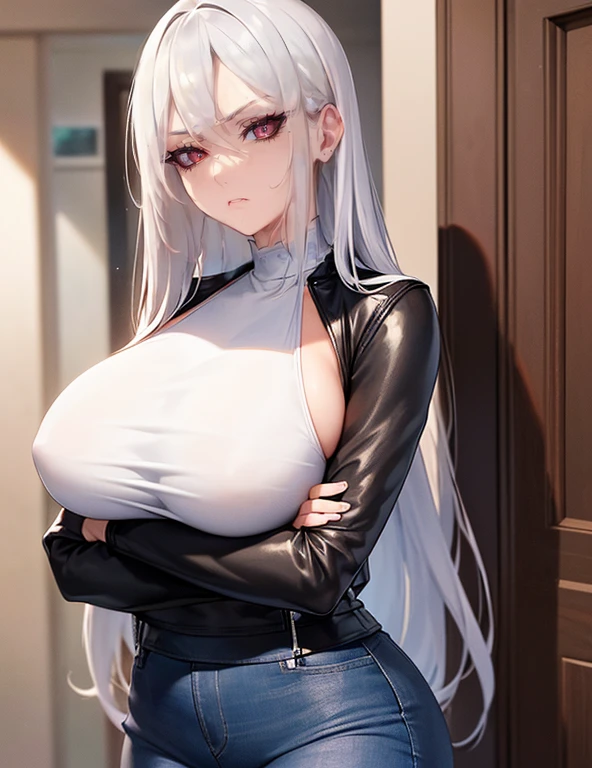 (Best quality, 4k, Masterpiece :1.3, 8k, ultra-detailed, ultra-masterpiece), mature pretty woman, ultra-detailed face, detailed lips, full lips, detailed eyes, double eyelid, wide hips, thick thighs, smooth skin, (big breasts:1.4), ((white hair)), ((red eyes)), ((thicc body)), tall, skinny jeans and a black leather jacket over a white tank top, (Looking at you with disdain), crossed arms, Stopped at the doorstep, hallway room background, door in the background, ((white top)), leather jacket over