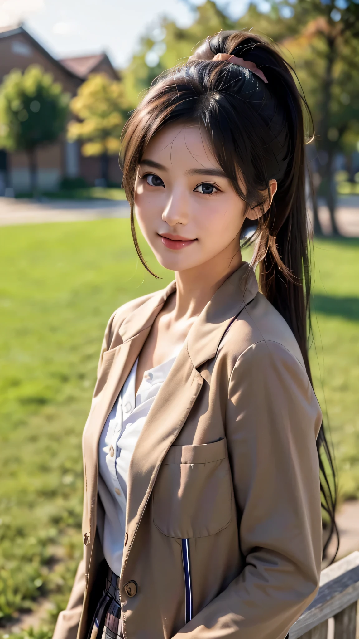 Uniforms for Japanese High School Students,brown blazer,brown ribbon on chest,fully body photo,masutepiece, The highest image quality, High quality, the background is clear,Beautiful woman, Japanese, Detailed, Detailed eyes, Detailed skin, Beautiful skin, 超hight resolution, (reality: 1.4),Very beautiful woman, Slightly younger face, Beautiful skin, slender, (Ultra photo realsisim), (hight resolution), (8K), (Very detailed) (beautifully detailed eyes), (super detailed), (Detailed face), view the viewer, Fine details, Detailed face, Smiling, Staring straight ahead, Staring straight ahead, photos realistic, Bright lighting, Professional Lighting, Black hair, ,poneyTail,a baby face,sixteen years old,髪型はponeyTail,wear a ribbon,ロングのponeyTailの髪型,Angle from waist up,standing and posing,brown plaid skirt,brown blazer,brown ribbon on chest,outdoors,