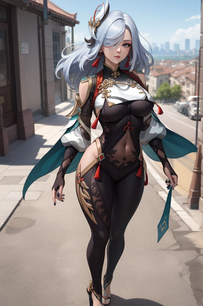 ShenheV4, 1girl, solo, looking at viewer, city background, hair ornament, gloves, high heels, long sleeves, white background, holding, jewelry, standing, full body, earrings, black gloves, nail polish, clothing cutout, bodysuit, covered navel, tassel, toenails, gold trim, partially fingerless gloves, black bodysuit, toenail polish, hip vent, shoulder cutout, breast curtain, skin tight outfit, realistic, best quality, masterpiece, ultra detail, ultra high res, extreme detail, 8k