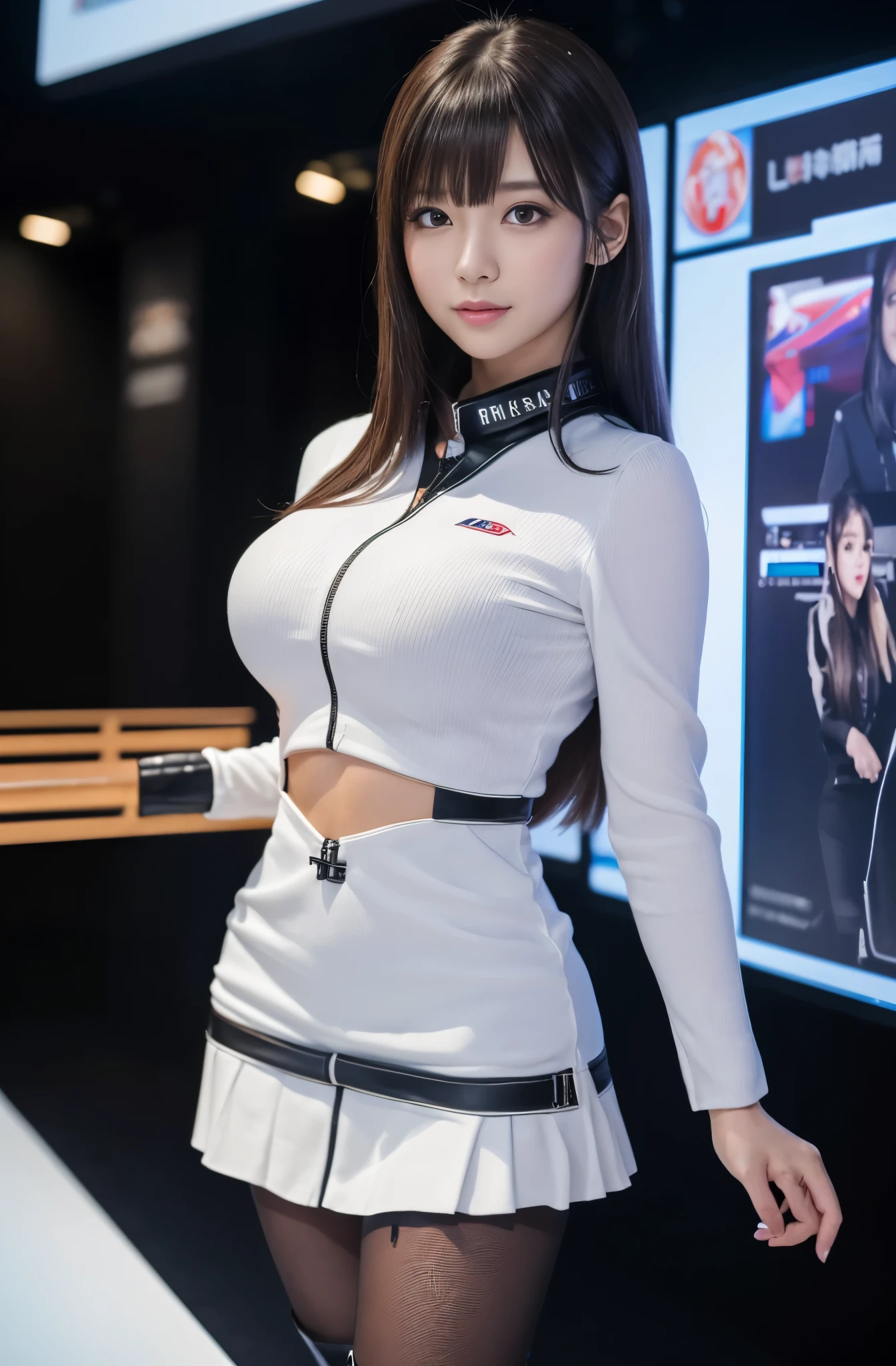 masterpiece, Best Quality, Extremely detailed, (Photorealistic:1.4), (8K, 4K, Best Quality, hight resolution, 超A high resolution:1.1), 8K portrait,Japaese Girl,Plump , announcer,control panels,Blunt bangs,long boots,mini skirt,She is in exhibition hall,promo girl