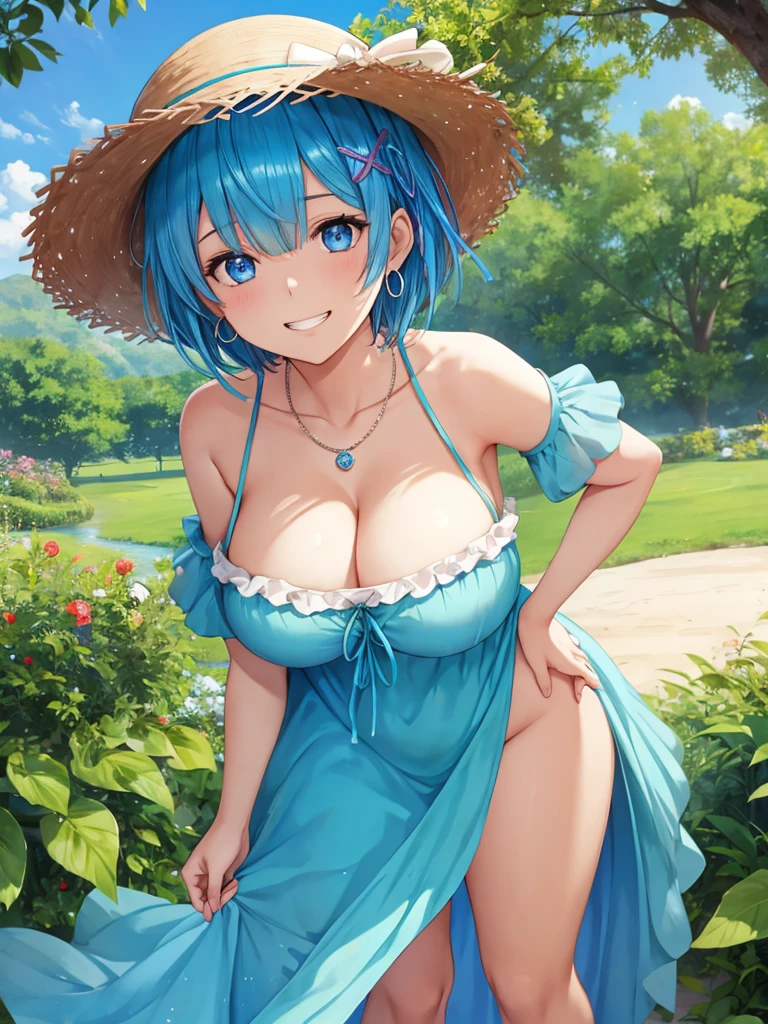 (masterpiece:1.2, highest quality), 1 girl,Rem,Re:zero, blue hair,short hair,grin,Big, blue eyes,cute eyes, big breasts, cleavage, leaning forward, Face-to-face audience, dress, wide brimmed hat, strap sandals, Oversized sunglasses, Simple hoop earrings, shell necklace, areola slip, down blouse, embarrassing, blue hair swaying in the wind, nature, straw hat, serene spaces,