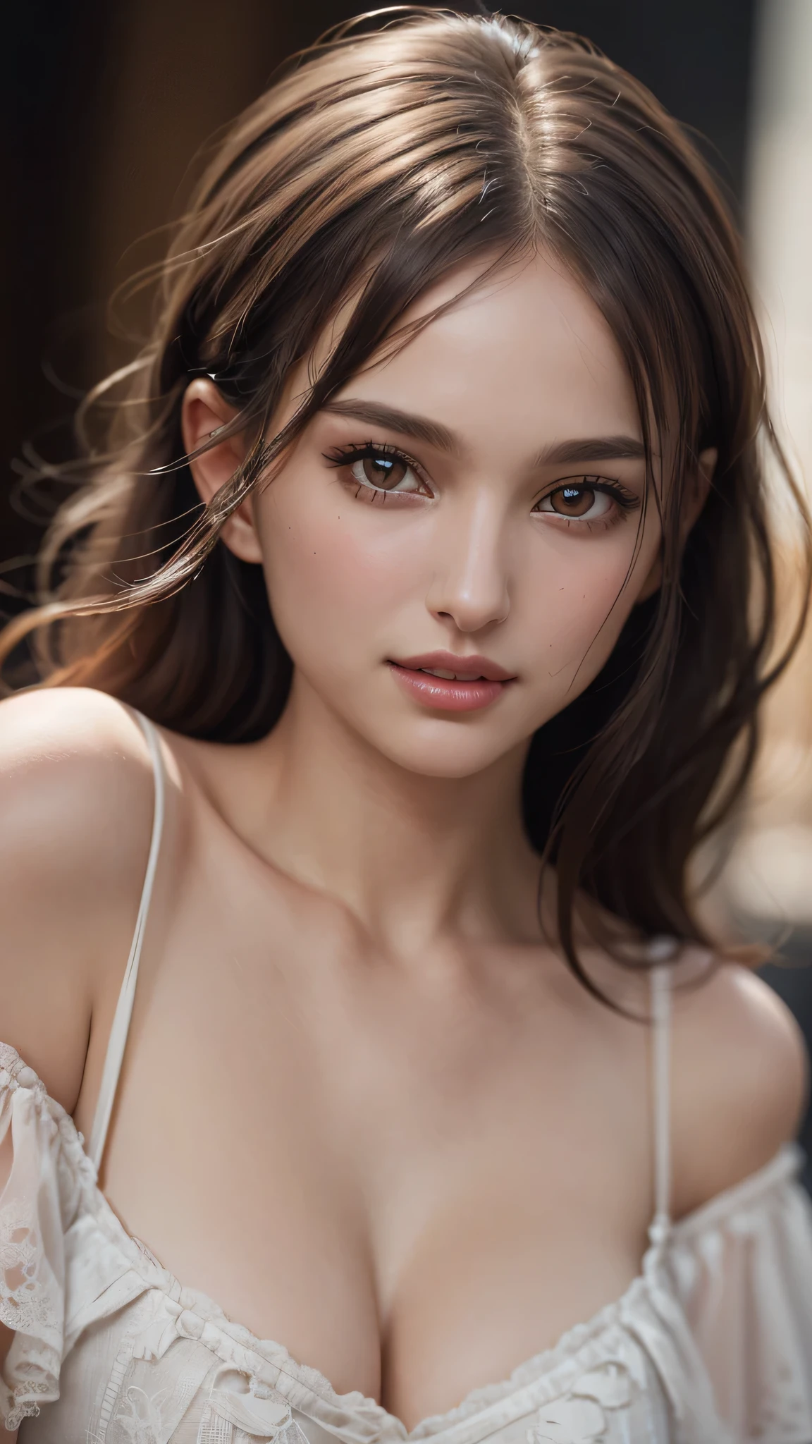(Best Quality), (Ultra-detailed), (Detailed light), (Extremely delicate and beautiful), 1girl in, Brown hair, Brown eyes, (Beautiful big breasts:1.5), breasts, Best Quality, extremely detailed CG unified 8k wallpaper, High-definition raw color photos, professional photograpy, (((Bokeh))), depth of fields,