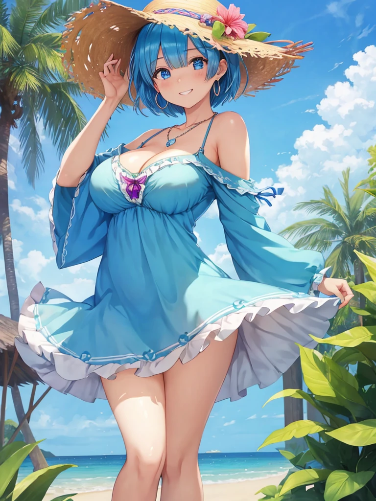 (masterpiece:1.2, highest quality), 1 girl,Rem,Re:zero, blue hair,short hair,grin,Big, blue eyes,cute eyes, big breasts, cleavage, leaning forward, Face-to-face audience, dress, wide brimmed hat, strap sandals, Oversized sunglasses, Simple hoop earrings, shell necklace, areola slip, down blouse, embarrassing, blue hair swaying in the wind, nature, straw hat, serene spaces,