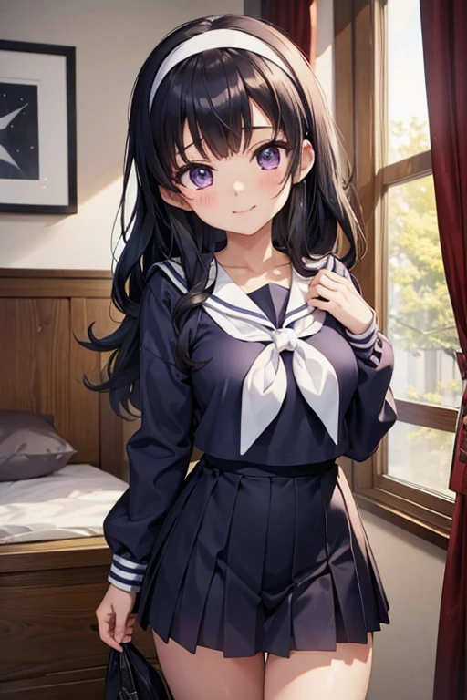 Anime girl with black hair and a sailor suit, Anime style 3D, Misato Katsuragi, Rendering of anime girls, cute 3 d Rendering of anime girls, kasumi arimura style 3/4, yayoi kasuma, realistic young anime girl, Smooth anime CG art, long hair, headband, smile, cute, White headscarf, 3 lines on sailor color, purple eyes,
