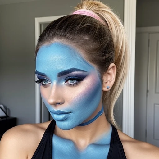 Sexy woman,blue face makeup, ponytail 