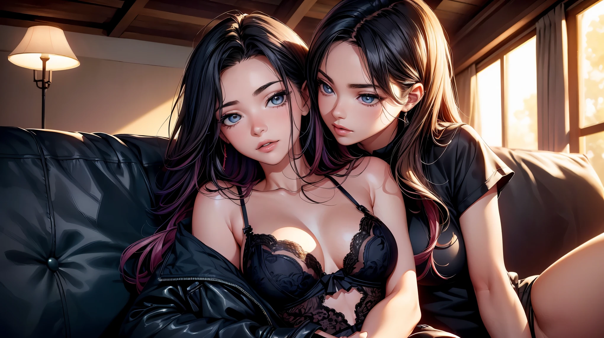 (8K, RAW photo, 最high quality, masterpiece: 1.2), High-definition RAW color photo, Professional photo shoot, cinematic light, (((young woman, 2 gals, a picture of 2 women))), (Sharp features), (Big eyes), (small face), (high detail skin: 1.2), clavicle, cute face, beautiful appearance, long eyelashes, (Rainbow hair color), (beautiful breasts), (slender body:1.5), very detailed顔と肌の質感, fine eyes, natural makeup, A world of just the two of us, female masturbation, Enjoying the act, A glimpse of sexy lingerie, flowing hair, disheveled clothing, (((lie down on the sofa, sexual acts between women))), beautiful lily world, two women hugging each other:1.5, Back hug, highly detailed arms, staring eyes, beautiful skin, shiny skin, perfect fingers, five fingers, anatomically correct, background bokeh, high quality, surreal, bright colors, ((very detailed, photo shoot)),