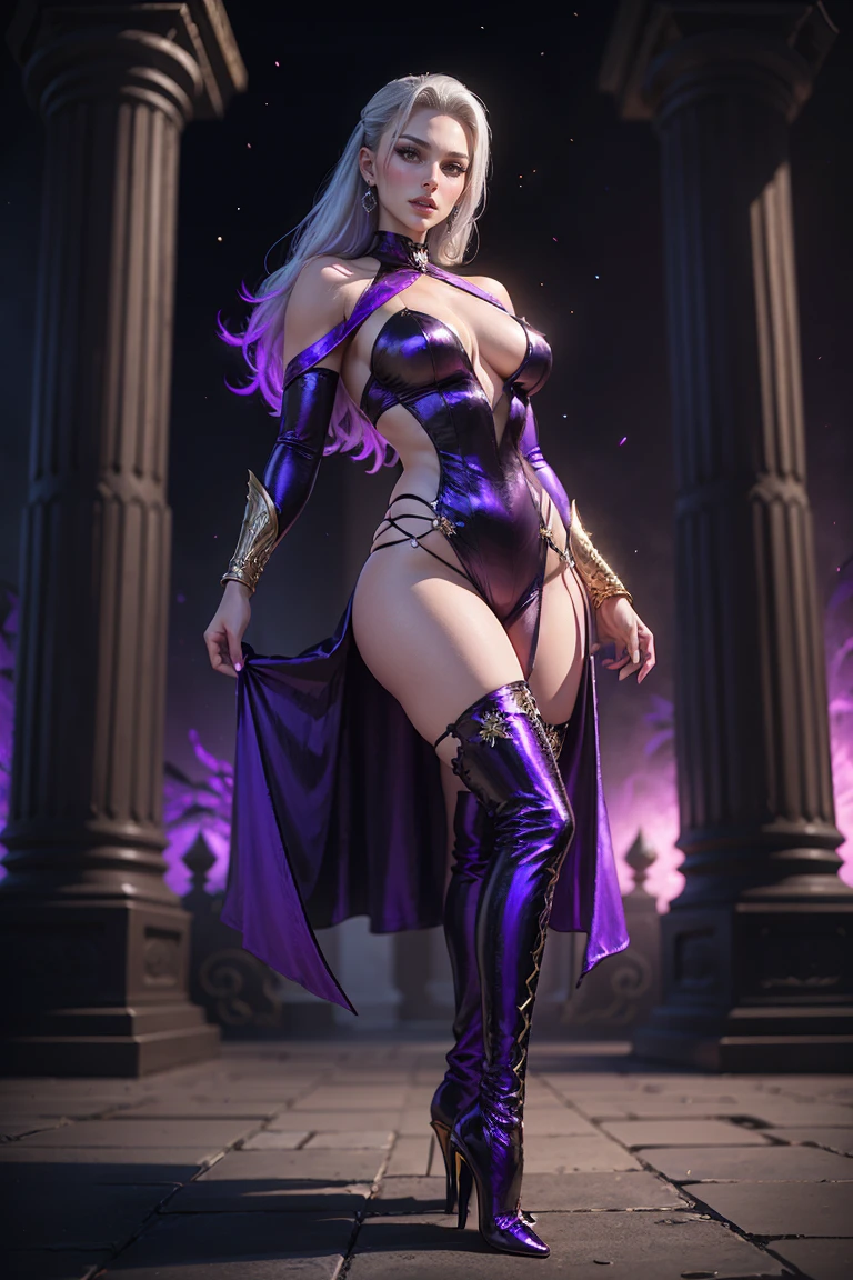 Beautiful, aunt, flawless face, perfect skin, Sindel, gray hair, wearing thigh-high boots heels, Sidel Hair, long pulled back hair, long slicked back hair, multicolored hair, ((purple and black Sindel costume)), in dark purple temple, large columns, dark, Pitch black night sky,Dynamic Posture