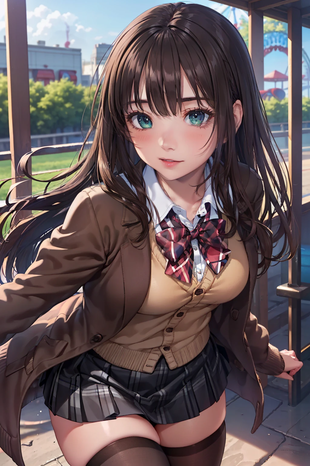 ((masterpiece, highest quality, High resolution, UHD, perfect pixel, Depth of bounds written, 4K, rtx, HDR))), 1 girl, single, alone, beautiful anime girl, beautiful art style, anime character, ((long hair, bangs, brown hair)), (green eyes:1.4, round eyes, beautiful eyelashes, realistic eyes), (detailed face, blush:1.2), (smooth texture:0.75, realistic texture:0.65, realistic:1.1, Anime CG style), medium breasts, (dynamic angle, dynamic pose:1.4, throw, close, looking at the viewer), perfect body, (red bow tie, school uniform, black jacket, closed jacket, Brown cardigan, white shirt), ((black skirt:1.5, plaid skirt, black stockings)), smile, open your mouth, amusement park