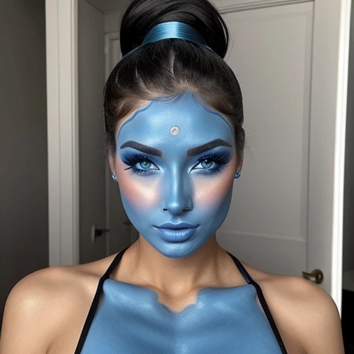 Sexy woman,blue face makeup, ponytail 