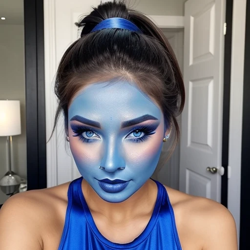 Sexy woman,blue face makeup, ponytail