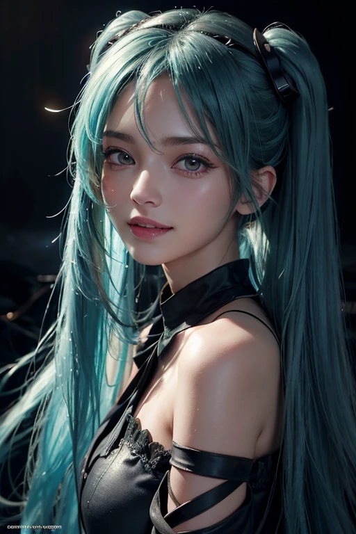 (Hatsune Miku Characters), Tosca hair color, Pony and long twin tail hair, look at the scenery, Eye of the view, smile (big smile), (open your mouth), whole body, 21 year old girl, perfect body, perfect anatomy, Tosca's eye color, double eyelid, huge breasts, Highly detailed skin texture,(realistic skin), super detailed face, detailed lips, fine eyes, double eyelid, Knuckles, wet skin, wet hair, (front focus), (in the dark:1.6), Hyperrealist portrait of a woman by David Hockney and Alphonse Mucha, fantasy art, photo-realistic, dynamic pose, dynamic lighting, art station, poster, volume lighting, highly detailed face, 4k, Awards, in the dark, deep shadow, discreet key, cowboy shot, (official attire:1.1), Luxury Satin Long Dress, Lighting Dresses