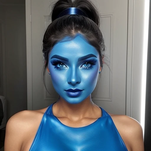 Sexy woman,blue face makeup, ponytail 