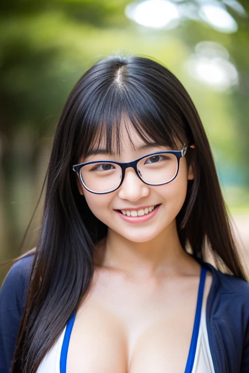 Ultra-detailed 8K CG、huge breasts、perfect female body、big breasts、small face、swimsuit、(plus size model)、ecstatic expression、sharp focus、Highly detailed face and skin texture、japanese woman、high school student、Square glasses、black hair、straight hair、long hair、smile、long legs、thin legs、whole body、barefoot、Are standing
