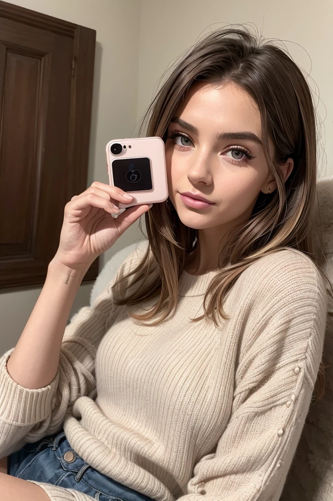 Belle fille, Marron_eyeeautiful mince adolescente de 18 ans, cheveux color [Brown highlights cheveux], [Pixie undercut] cheveux)), boucles d’oreilles, lèvres, Réaliste, taille étroite, charmant, pink lèvrestick, maquillage coloré, Cils longs, boucles d’oreilles, porter de l’eye-liner, peau claire, (mignon), (face détaillée), Yeux détaillés, Iris détaillé, corp magnifique, corps athlétique, abdominaux prononcés sur l&#39, pantalon moulan, pull , sac LV, parfait cul rond moyen, Selfie Photo, vue arrière, moulant 