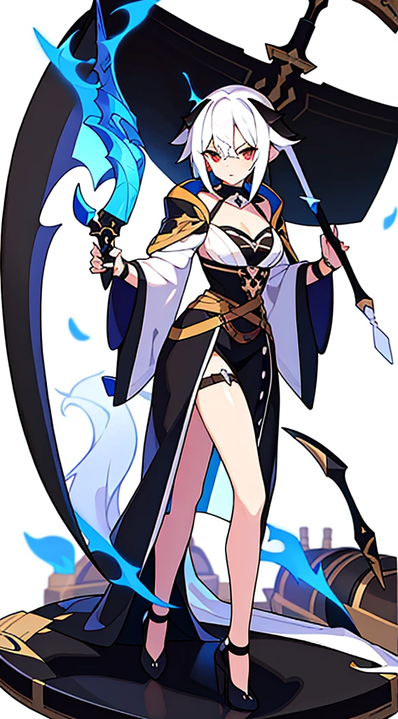 bustier, (((white background))), standing, fantasy clothes, scythe,