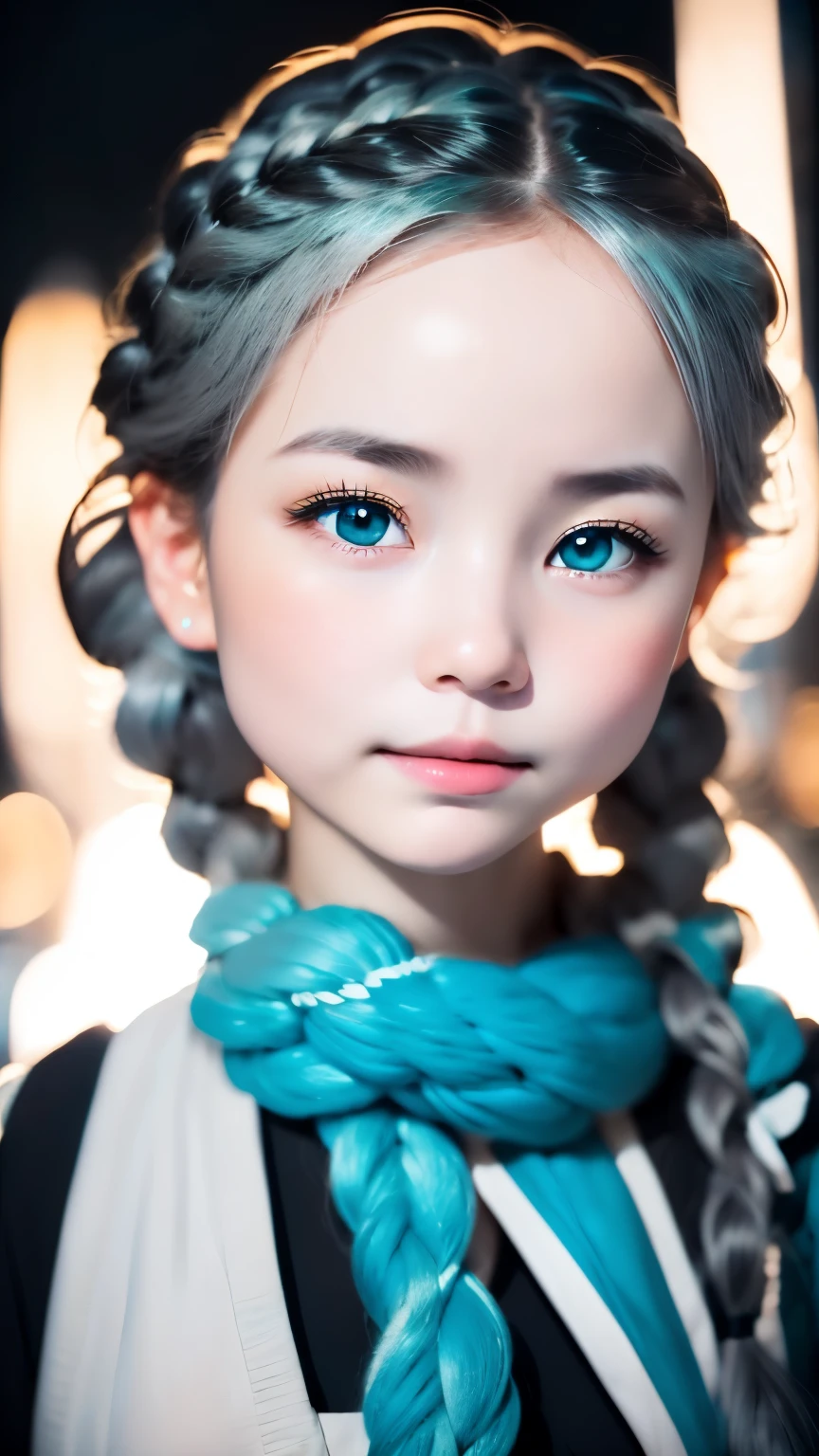 1 girl, white skin、Caucasoid、very cute face、small nose、plump lips、Braids bundled into one、french braid、An ennui look、night, dark, ((ash gray hair)),(Detailed gray eyes)、natural color tunic,National costume, Upper body,Perfect good looks, ((blurred background))、((black background)),((shining turquoise light))、,cinematic lighting,professional photographer,random pose、50ｍｍlens