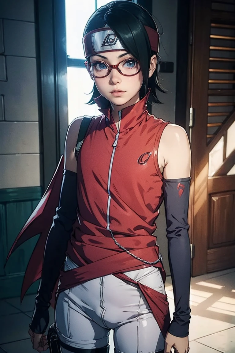 (Sarada Uchiha,May, estilo de capa de quadrinhos)，Comic book cover title,land of superheroes,CIDADE, Action,lutar,(((Sarada Uchiha,cabelo curto,olhos pretos))),explosions,roxo,Raio,wearing prescription glasses,laranja,Vermelho,rosa,tatical clothes,Pequeno,((cabelo curto,lutaring,superhero outfit,confident expression))