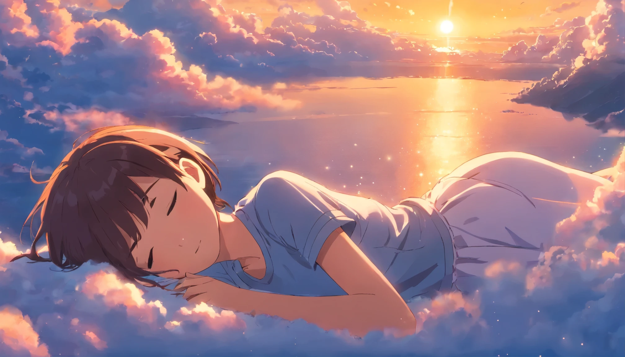 masterpiece, Highest Quality, MovieSteel, 1 cute girl, Cloud girl, Floating in the sky, close-up, brightness, happiness, Warm and soft lighting, sunset, Sleeping, Sleep on your stomach, sleep, eyes closed, fatigue. (sparks:0.7)