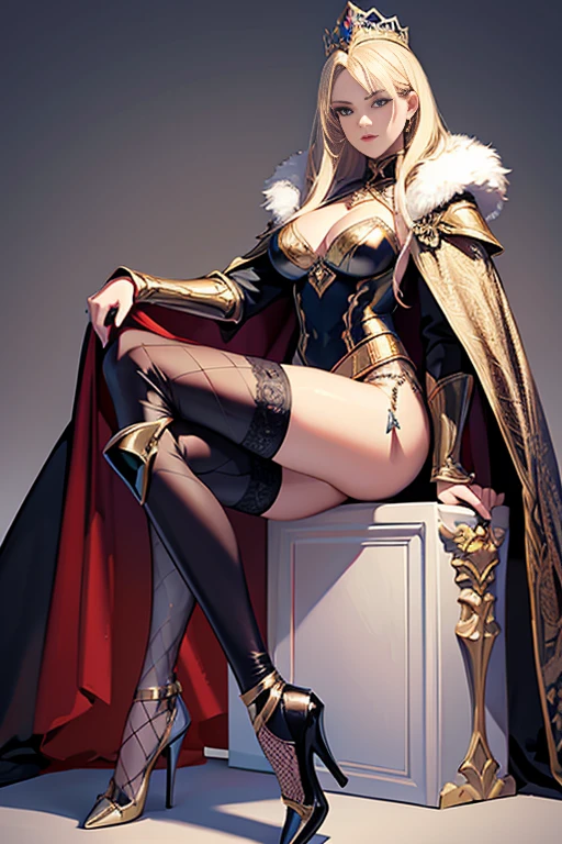 ((best quality)), ((masterpiece)), (detailed),High quality, Ultra detailed, best quality, insanely detailed, beautiful, masterpiece,
blonde blue eyes,long mink cloak,Queen,queen,20s,Long blonde,rich platinum blonde,Scale armour,bikini armour,dragon, suit,thick black long cape,With fur trimming,fishnet stockings on legs,stiletto heels,evil female magician,empress