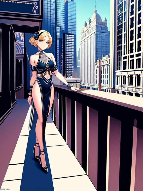 Extreme detail, masterpiece, 1920s Paris, Art Deco, young girl, unique style, Art Deco-inspired clothing, geometric accessories, spirit of freedom, innovation, transforming the world, city walk, inspiration from architecture, aspiring artist, creativity, passion, embodiment of Art Deco.