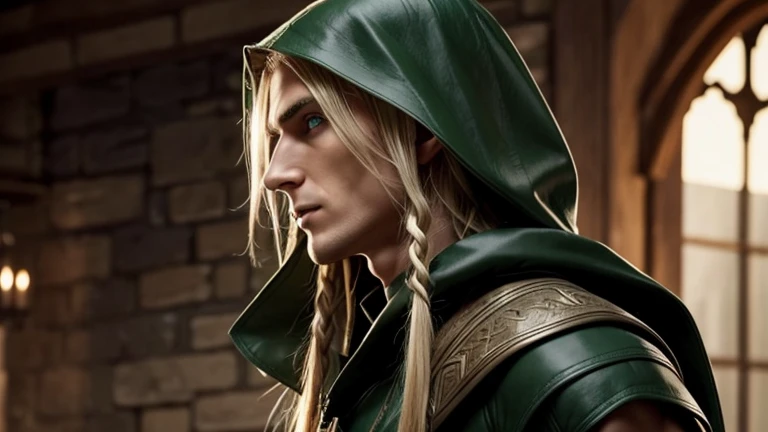 male elf, detailed elf ears, skinny, toned muscles, green leather cape, green leather hood, black leather robe, long braided blonde hair,