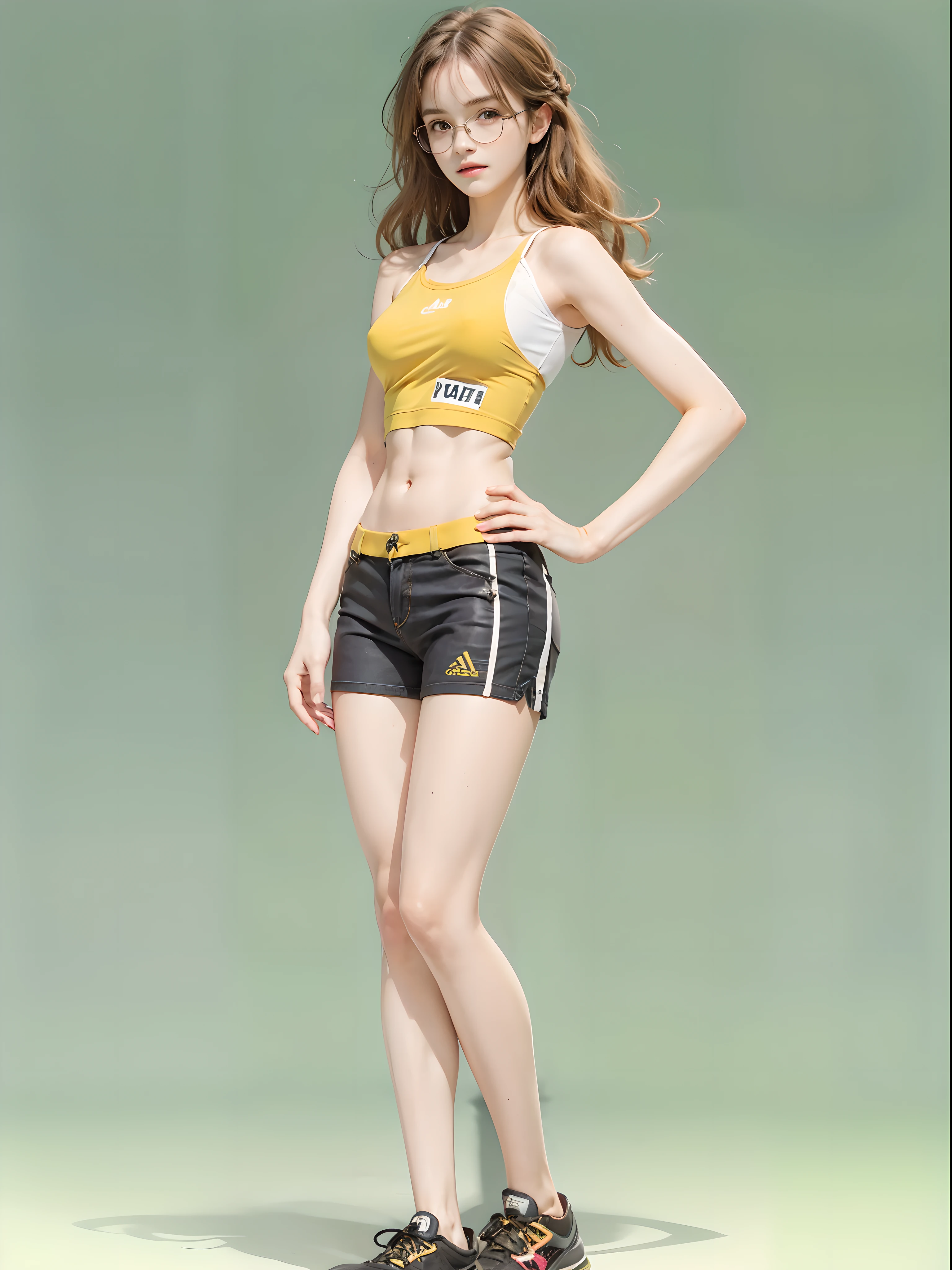 masterpiece, best quality, realistic, colorful, delicate, sharp focus, (PureErosFace_V1:0.5), (detailed beautiful delicate face, high detailed skin, skiny and thin:1.3), 1girl, 19 years old, tall, (smooth_abs:1.55), (abs:0.5), pretty, masterpiece, (long_skinny_legs), (straight_legs), (skinny_waist), (((fair skin))), white skin, bandeau, (school_uniform:swim_suits:0.5), yellow/pink shorts, chestnut brown hair, looking at viewer, yellow/orange sports shoes, glasses, (Emma_watson), big_breast, swimmer, white knit hat, boxer