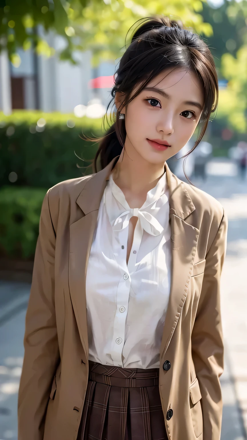 brown ribbon on chest、white blouse、No hair required