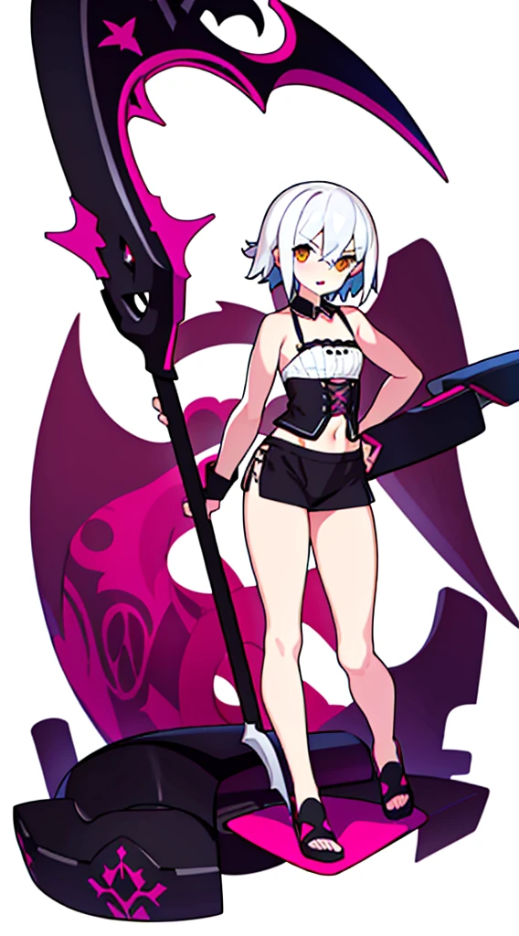 bustier, (((white background))), standing, fantasy clothes, scythe, bustier, bare legs,