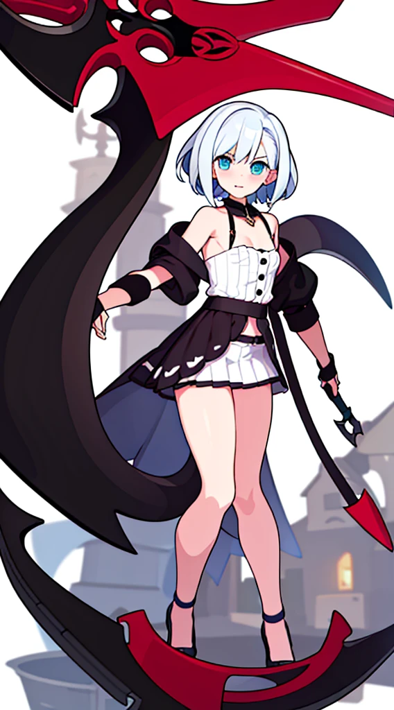 bustier, (((white background))), standing, fantasy clothes, scythe, bustier, bare legs,