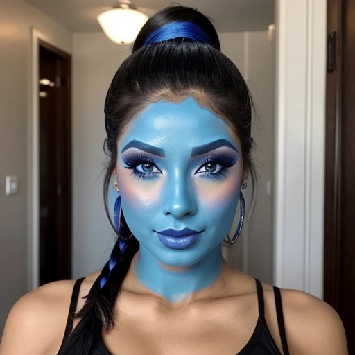 Sexy Latina woman,blue face makeup, ponytail