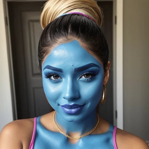 Sexy Latina woman,blue face makeup, ponytail