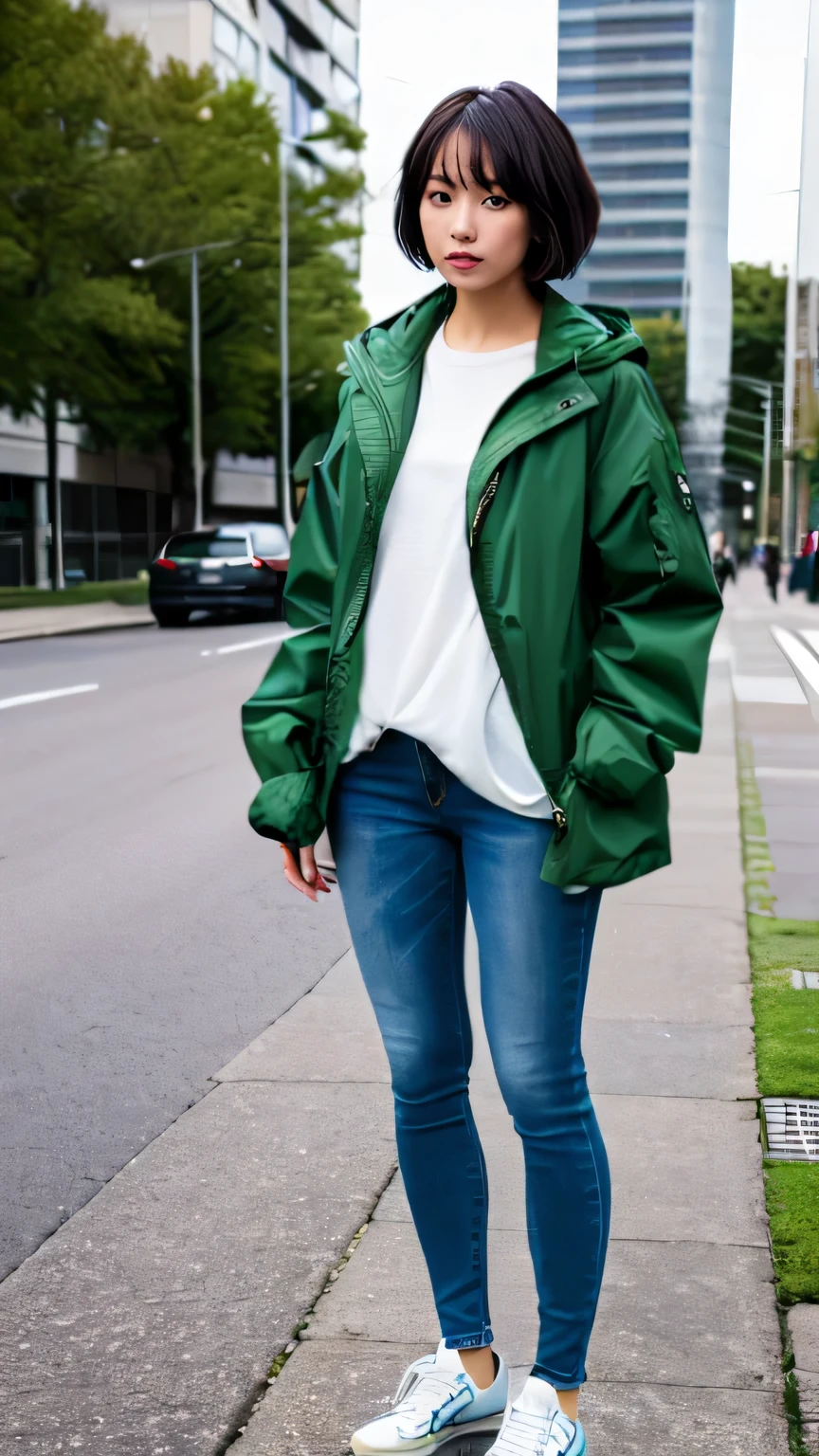 (full body:1.4), (whole body:1.4), Hyper-Realism, (Photorealsitic:1.4), 8K, maximum resolution, (masterpiece), highly detailed, best quality, Refined face, Japanese beautiful woman, detailed beautiful eyes and lip, beautiful face, 23yo, Green jacket and skinny jeans, urban physique, short hair, cool expression