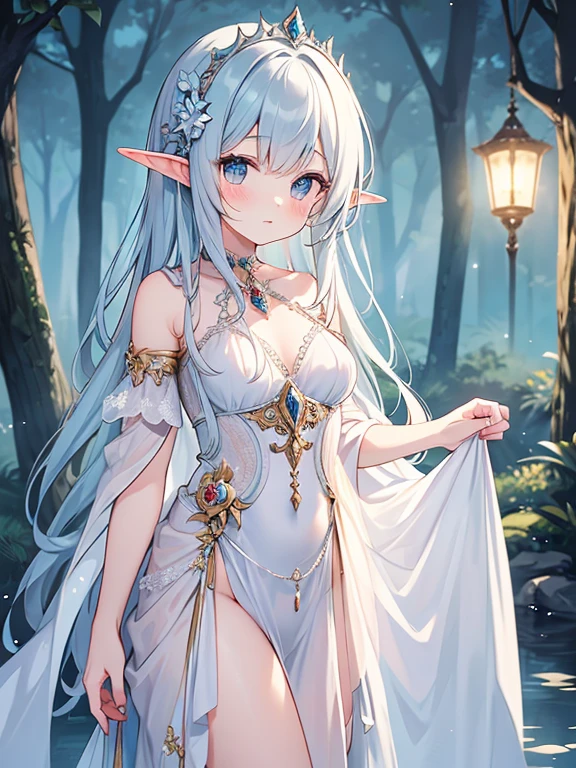 (MASTERPIECE), (Best Quality), (Ultra Detail), Official Art, One Girl, Silver-haired Loli, Petite Little Girl, Elf Loli, White and Gold See-Through Robe, Small Breasts, Cleavage, Off Shoulder, Underboob, Side Boob, Thigh Focus, Navel, Card Illustration, Deep Forest Fountain