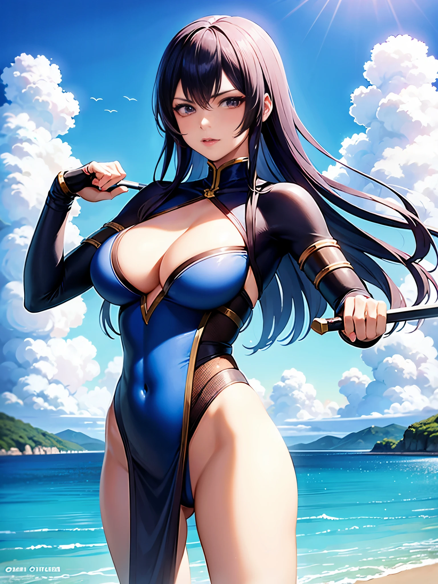 Arafe woman in a bodysuit holding a sword on a boat, Pai Chen、Pai Chen、Pai Chen、, portrait of Pai Chen, portrait of Pai Chen, kitana from mortal kombat, anime girl cosplay, anime cosplay, cosplay photo, cosplay, professional cosplay, full-cosplay, Inspired by Ren Mei, she is ready to fight