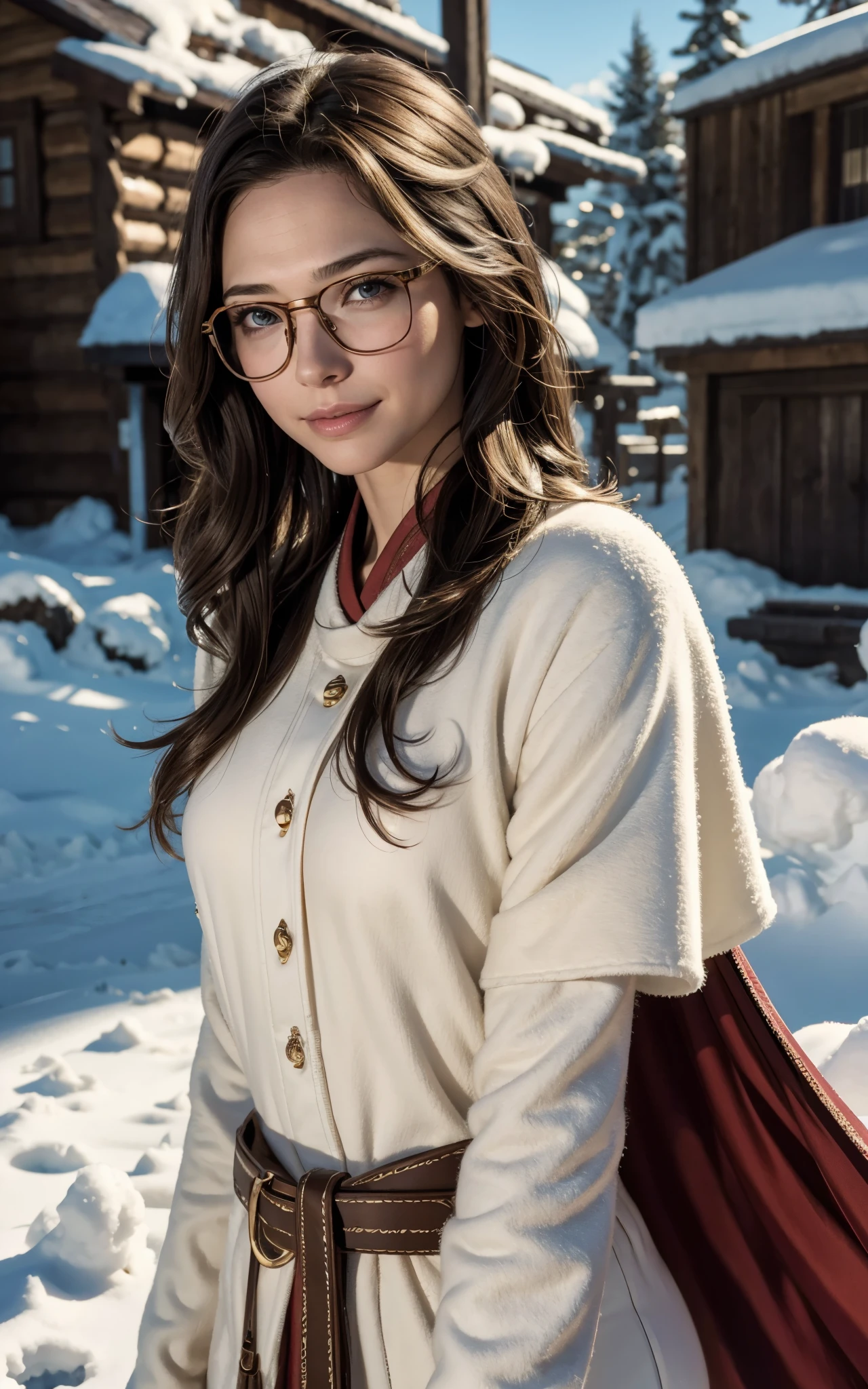 (Gal Gadot:Evangeline Lilly), (looking at viewer, light smile, ), brown hair, brown eyes,  long hair, hair_flying, Fluttering hair, flying_hair, ((Transparent glasses, glasses, glasses_on_nose)), traditional ainu clothes, sexy, charming, stunning,  enhance, delicate, (pale skin, real_skin), sunlight, 
Winter, snow, Hokkaido, outdoor, best quality, high quality, highres, 8k, photo realistic, raw photo, cannon, nikon,
