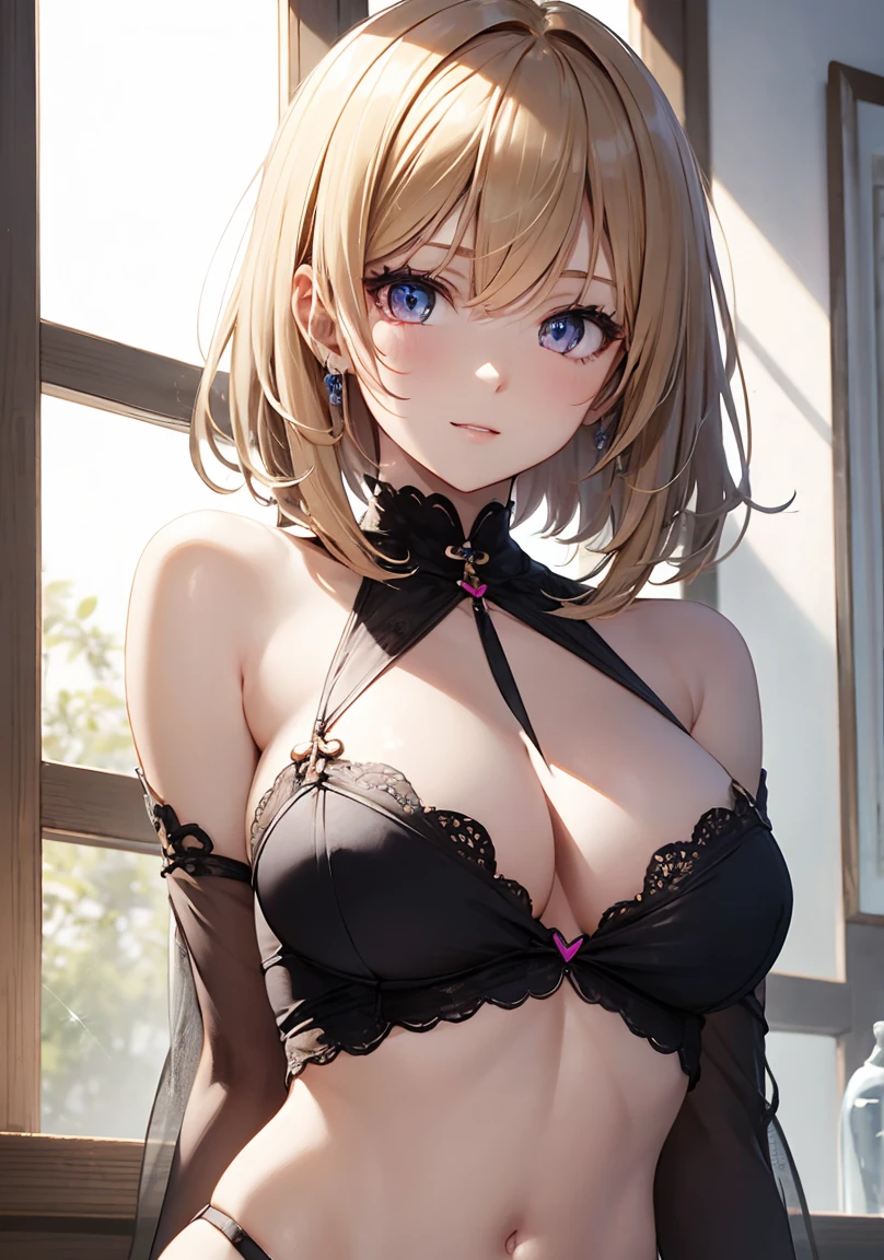 masterpiece, absurdres, best quality, ultra detailed, high Resolution, detailed illustration, extremely beautiful detailed face and eyes, bright colour, 1girl, cute face, magenta eyes, sparkling eyes, big eyes, medium breasts, (perky breasts:1.1), (pointy breasts:1.1), medium hips, glamorous body, white skin, happy, BREAK, long bob cut, (blonde hair:0.8), messy hair, detailed hair, shiny hair, BREAK muumuu, tiny ribbon, real world, natural lights, perfect lighting,